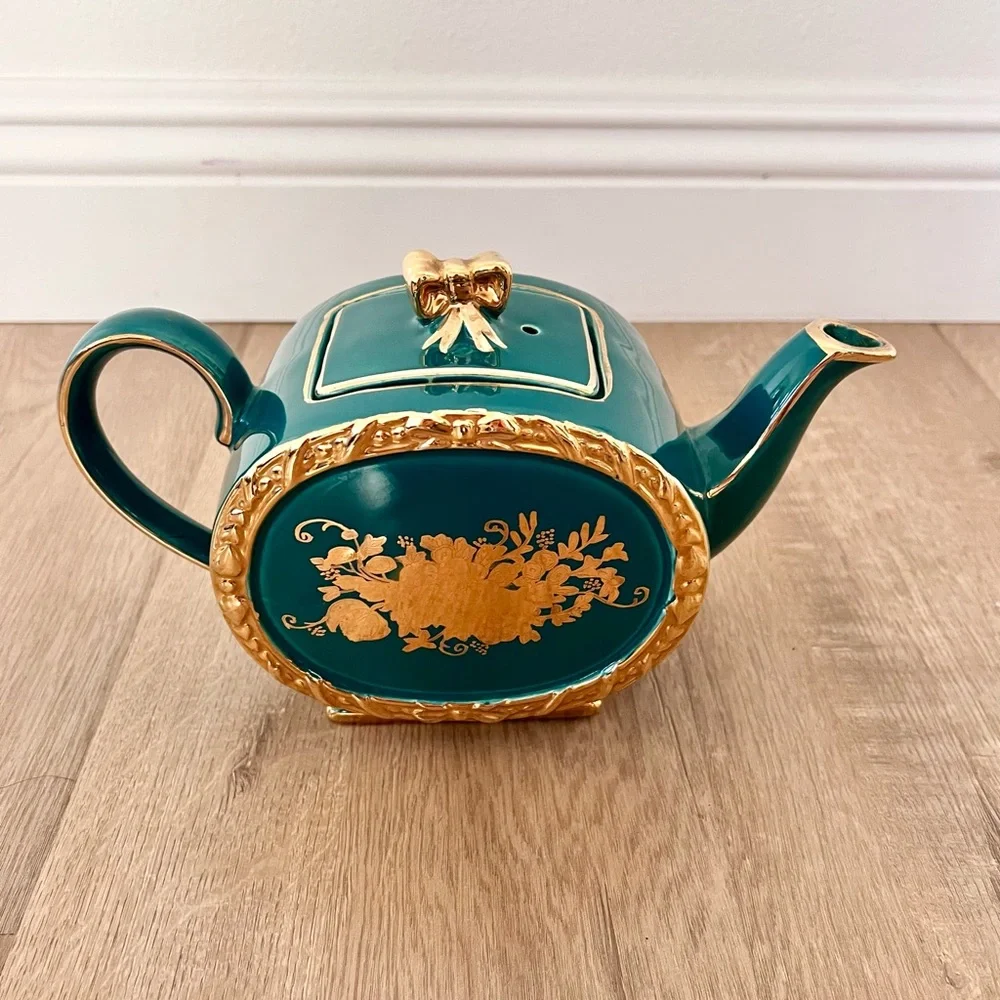 Rare 1930s Sadler England 1729 II Cube Teapot Green‎ With Gold Flower Vintage